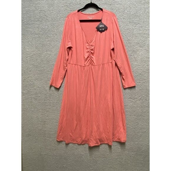 Women's Plus Size 1X Long Sleeve Ruched Bodice Dress Ava & Viv Coral  New - Picture 1 of 10